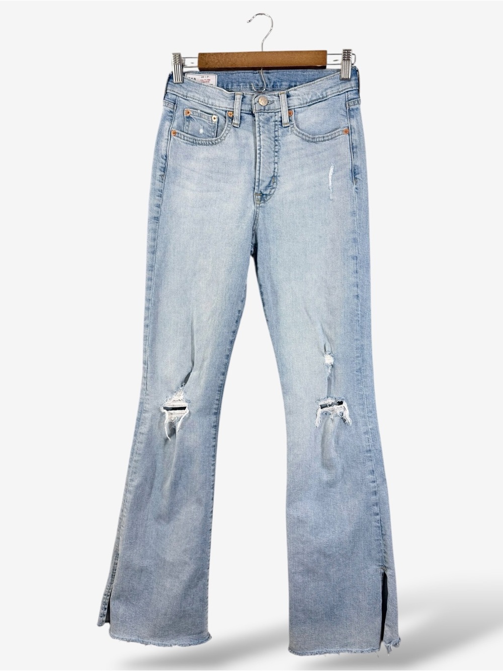 GAP 70s Flare High Rise Jeans Size 26/2 Long Light Wash Destructed Split Hem